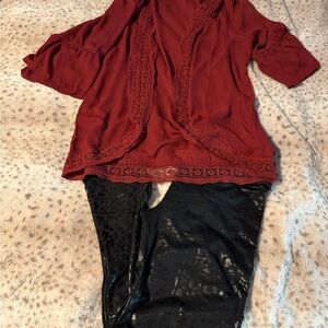 Red Lace Trim Top and Black Leggings
